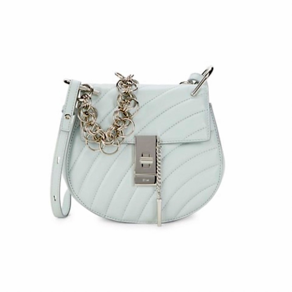 CHLOE MINI DREW CALF LEATHER CROSSBODY W/SILVER TONE JEWELRY CHAIN IN AIRY GREY - Picture 1 of 16